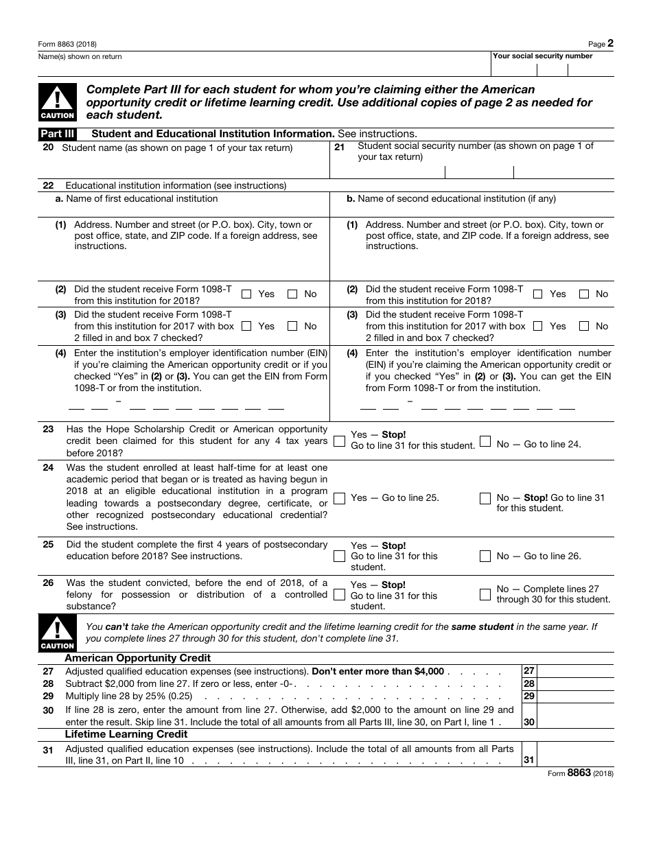 IRS Form 8863 2018 Fill Out, Sign Online and Download Fillable PDF