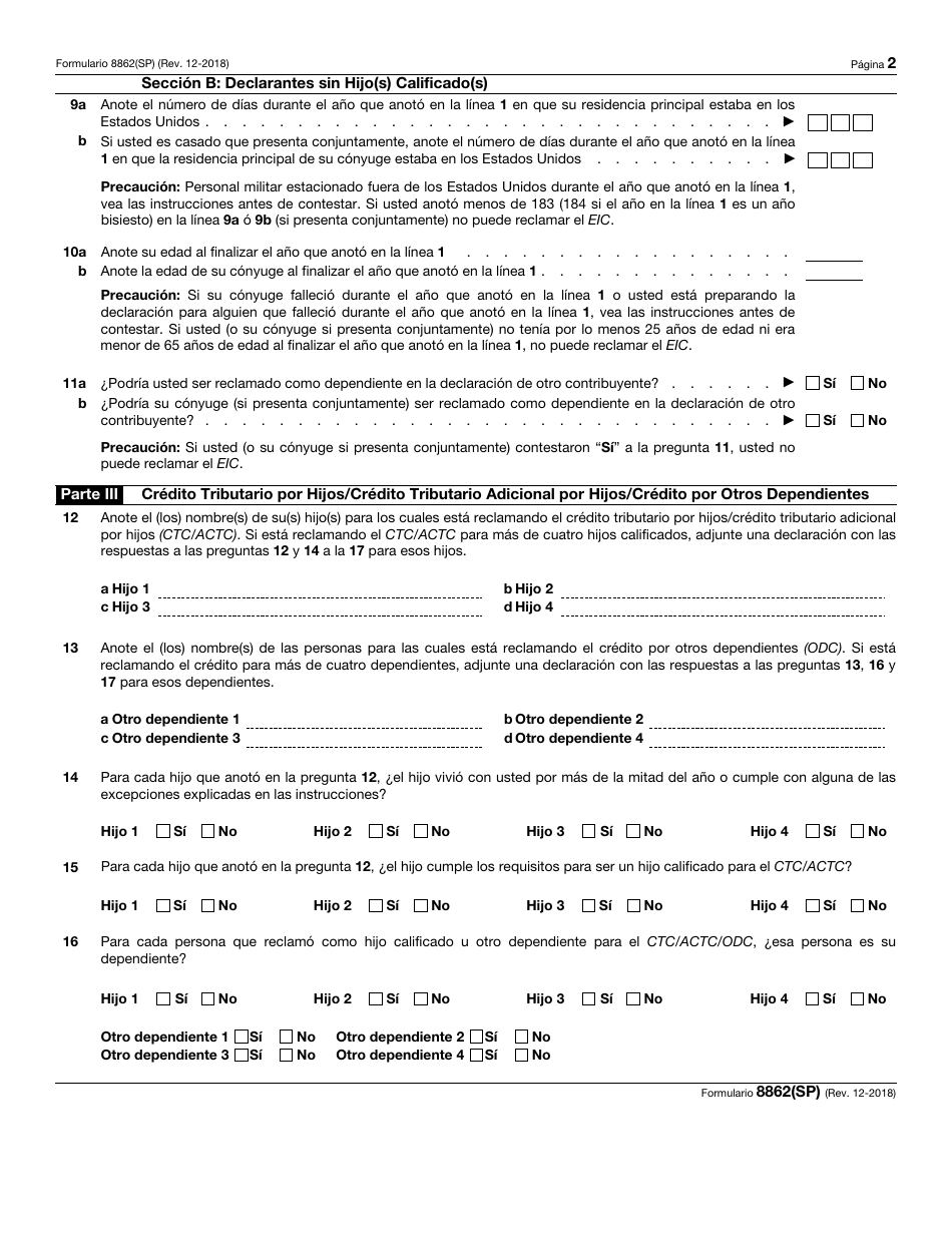 IRS Formulario 8862(SP) Informacion Para Reclamar Ciertos Creditos Despues De Haber Sido Denegados (Spanish), Page 2