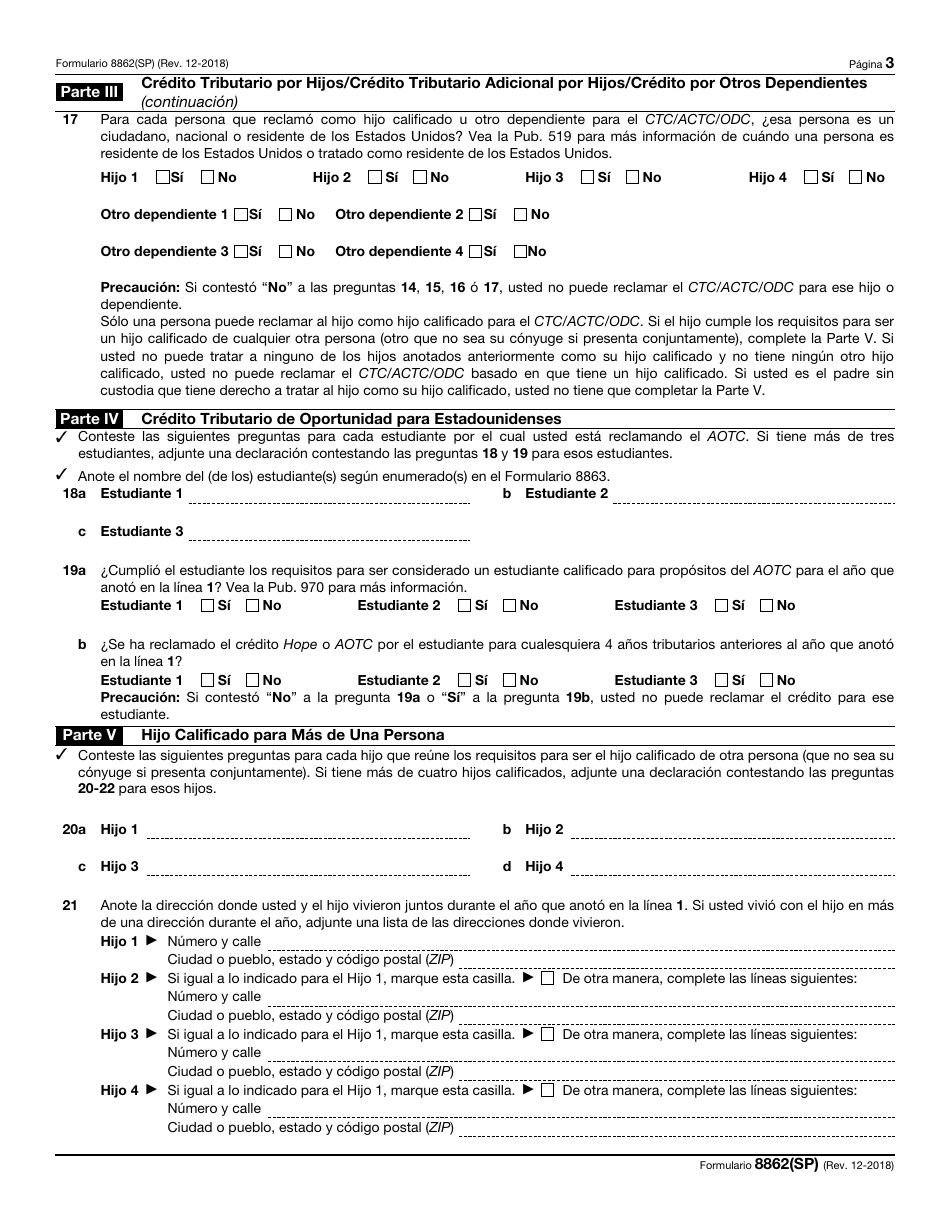 IRS Formulario 8862(SP) Informacion Para Reclamar Ciertos Creditos Despues De Haber Sido Denegados (Spanish), Page 3