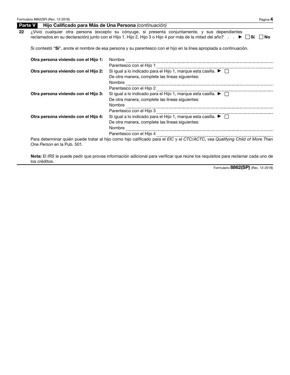 IRS Formulario 8862(SP) Informacion Para Reclamar Ciertos Creditos Despues De Haber Sido Denegados (Spanish), Page 4