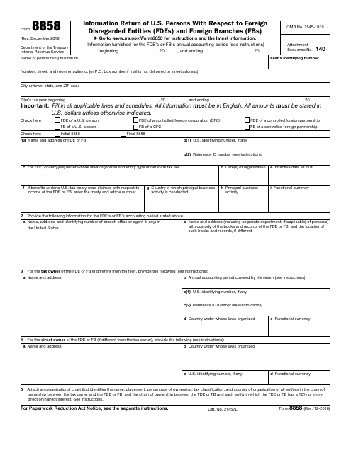IRS Form 8858  Printable Pdf