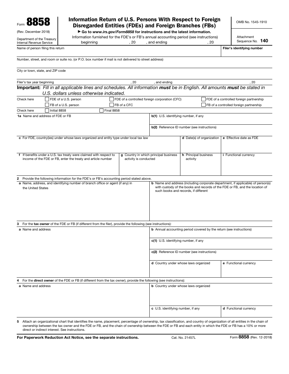 IRS Form 8858 Information Return of U.S. Persons With Respect to Foreign Disregarded Entities (Fdes) and Foreign Branches (Fbs), Page 1