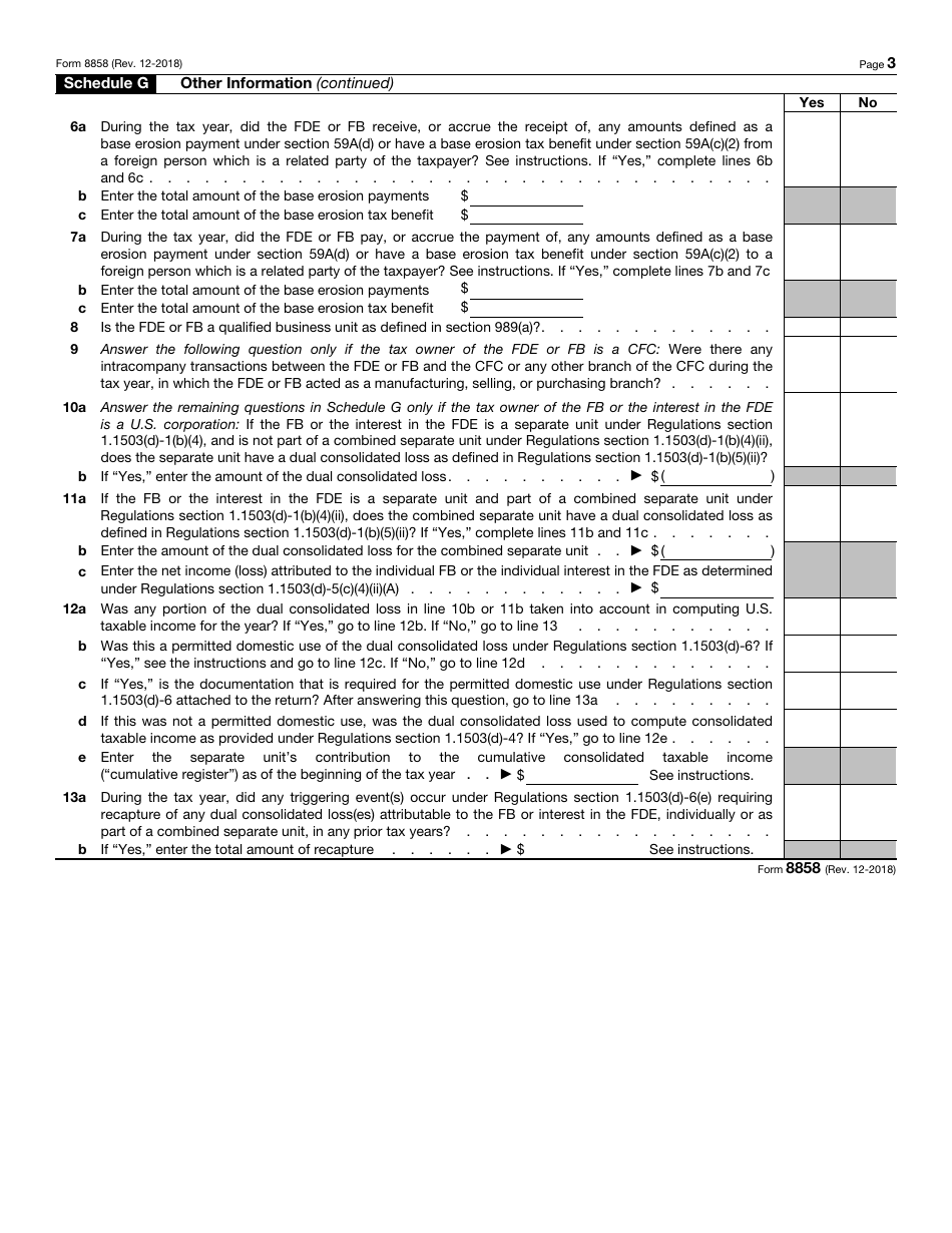 IRS Form 8858 Information Return of U.S. Persons With Respect to Foreign Disregarded Entities (Fdes) and Foreign Branches (Fbs), Page 3