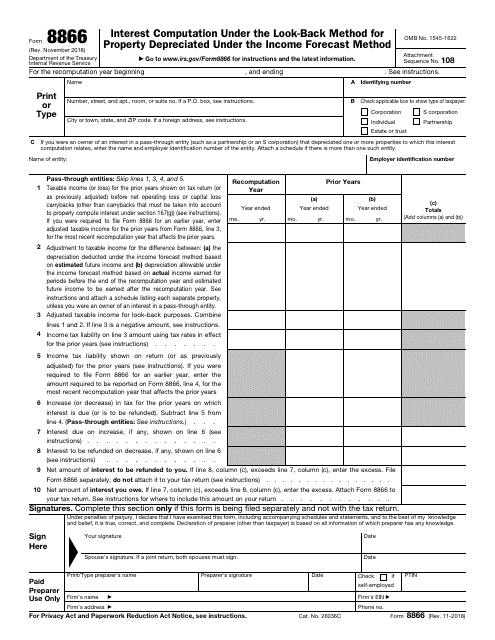 IRS Form 8866 Interest Computation Under the Look-Back Method for Property Depreciated Under the Income Forecast Method