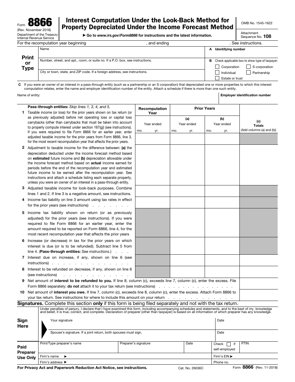 IRS Form 8866 Interest Computation Under the Look-Back Method for Property Depreciated Under the Income Forecast Method, Page 1