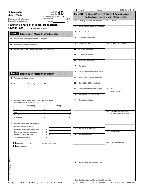 IRS Form 8865 Schedule K-1 2018 Printable Pdf