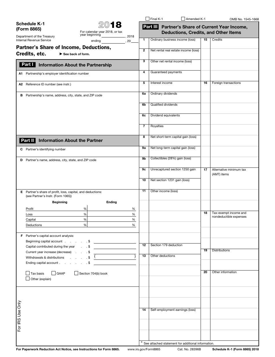IRS Form 8865 Schedule K-1 Partners Share of Income, Deductions, Credits, Etc., Page 1