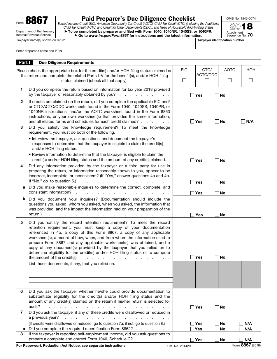 IRS Form 8867 Paid Preparers Due Diligence Checklist, Page 1