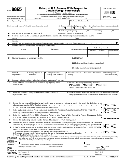 IRS Form 8865 2018 Printable Pdf