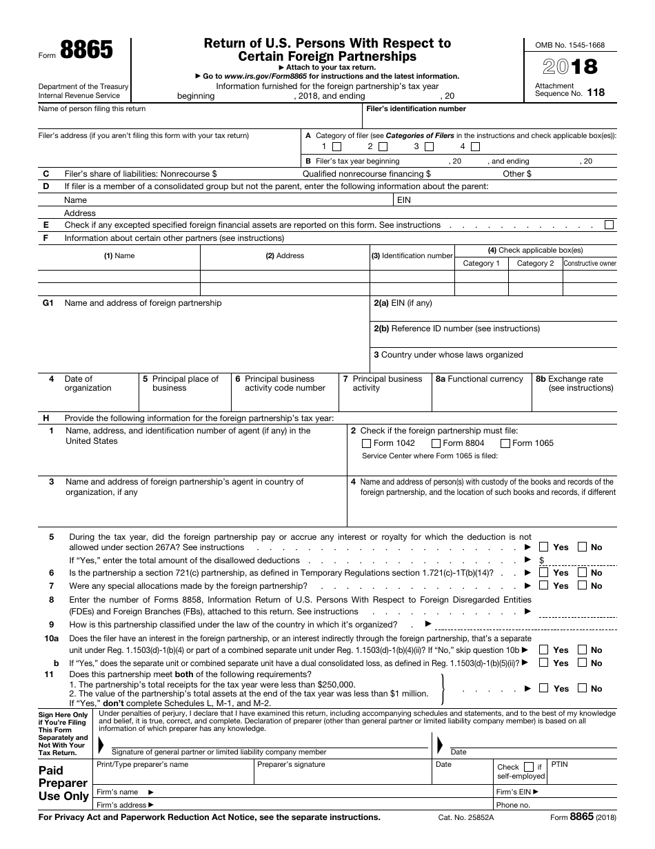 IRS Form 8865 Return of U.S. Persons With Respect to Certain Foreign Partnerships, Page 1
