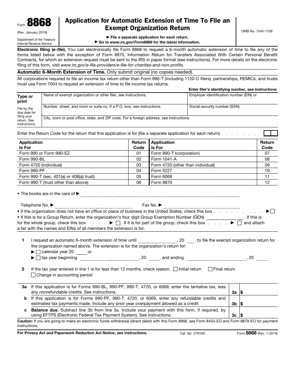 IRS Form 8868 Application for Automatic Extension of Time to File an Exempt Organization Return, Page 1
