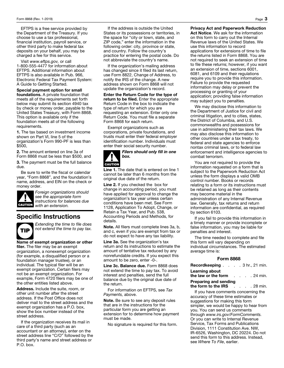 IRS Form 8868 Application for Automatic Extension of Time to File an Exempt Organization Return, Page 3