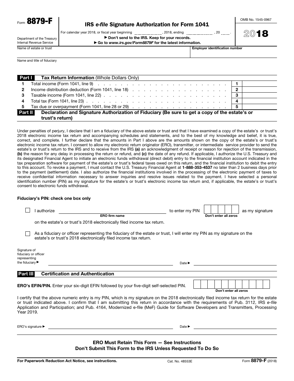 IRS Form 8879-F IRS E-File Signature Authorization for Form 1041, Page 1