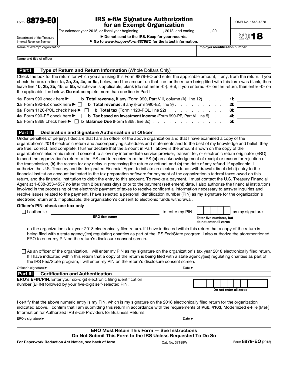 IRS Form 8879-EO IRS E-File Signature Authorization for an Exempt Organization, Page 1
