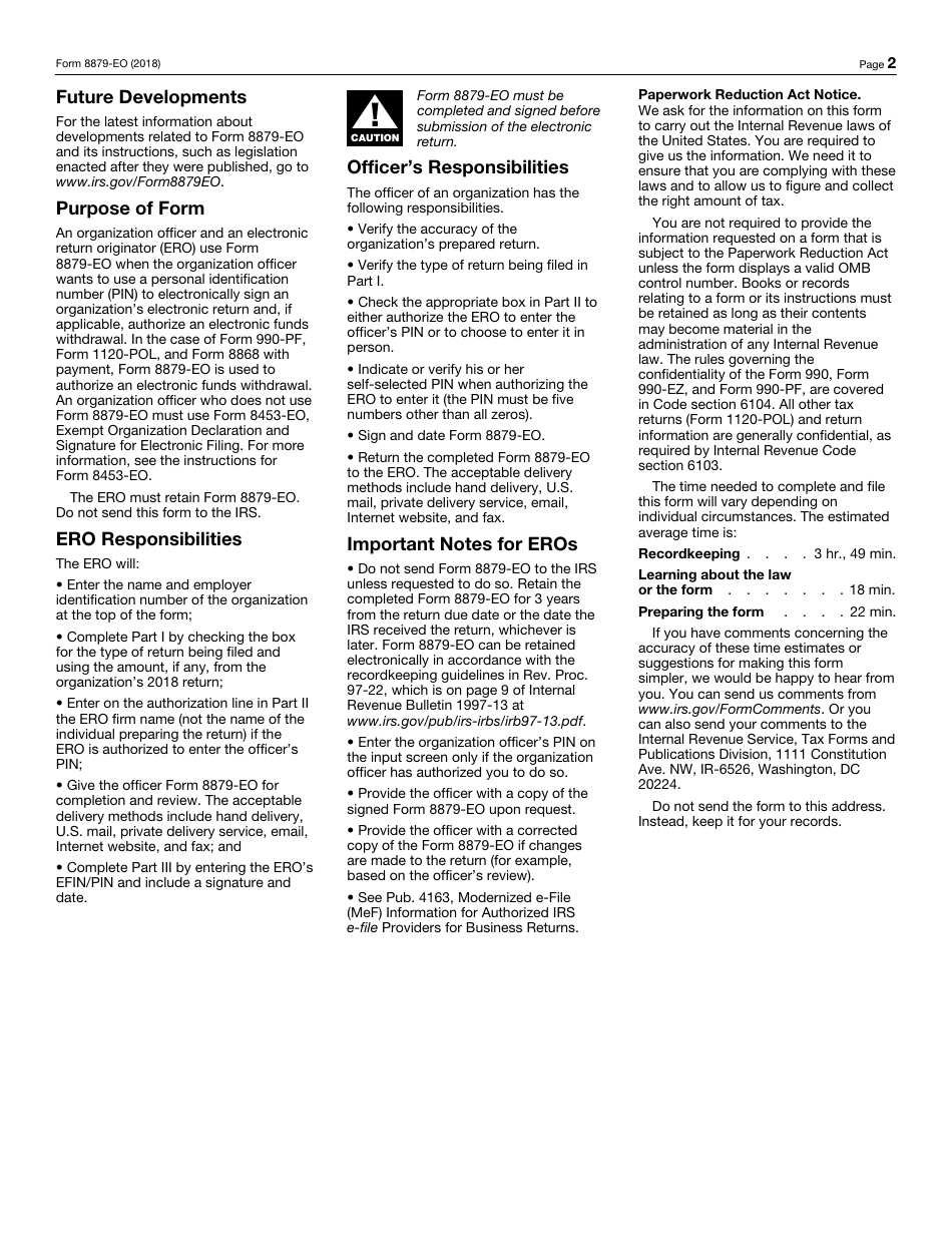 IRS Form 8879-EO IRS E-File Signature Authorization for an Exempt Organization, Page 2