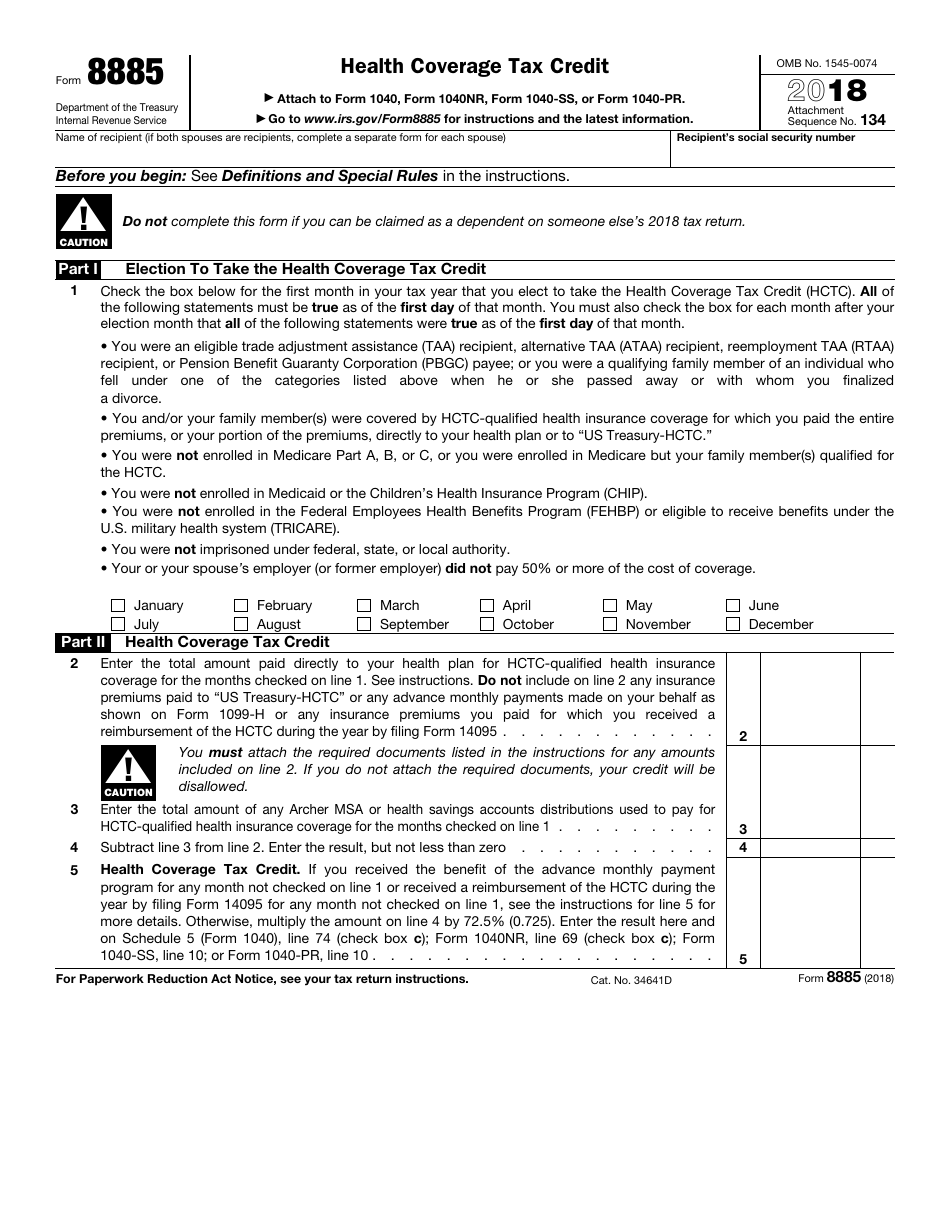 IRS Form 8885 Health Coverage Tax Credit, Page 1