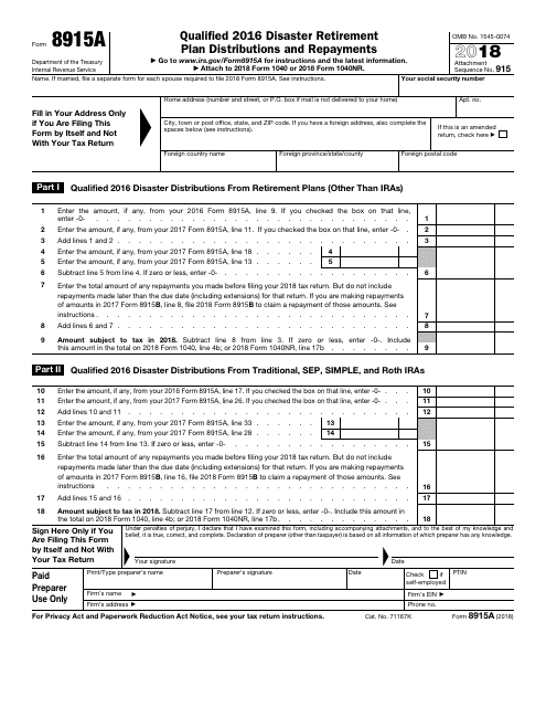 IRS Form 8915A Download Fillable PDF or Fill Online Qualified 2016