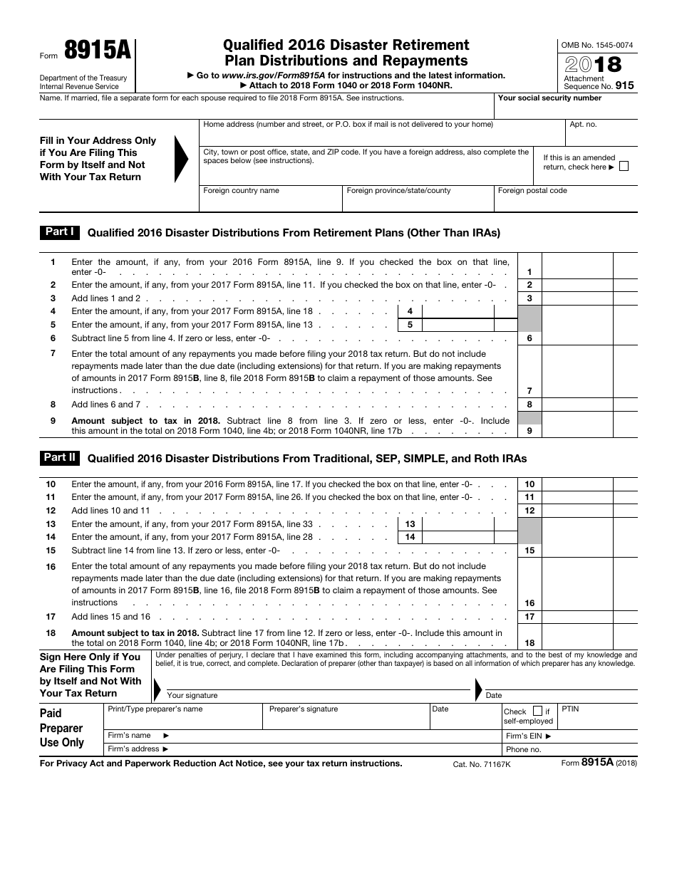 IRS Form 8915A Qualified 2016 Disaster Retirement Plan Distributions and Repayments, Page 1