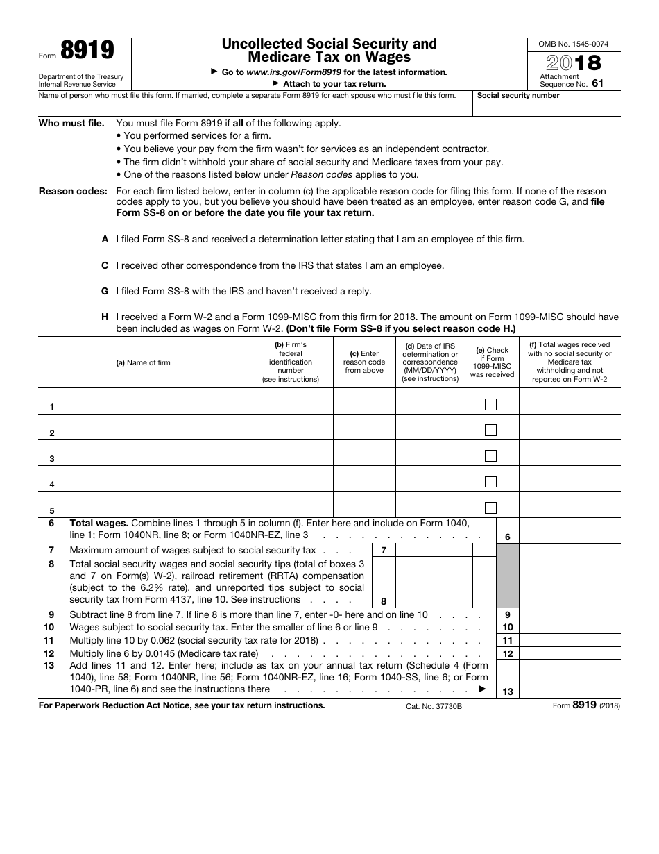 IRS Form 8919 Uncollected Social Security and Medicare Tax on Wages, Page 1