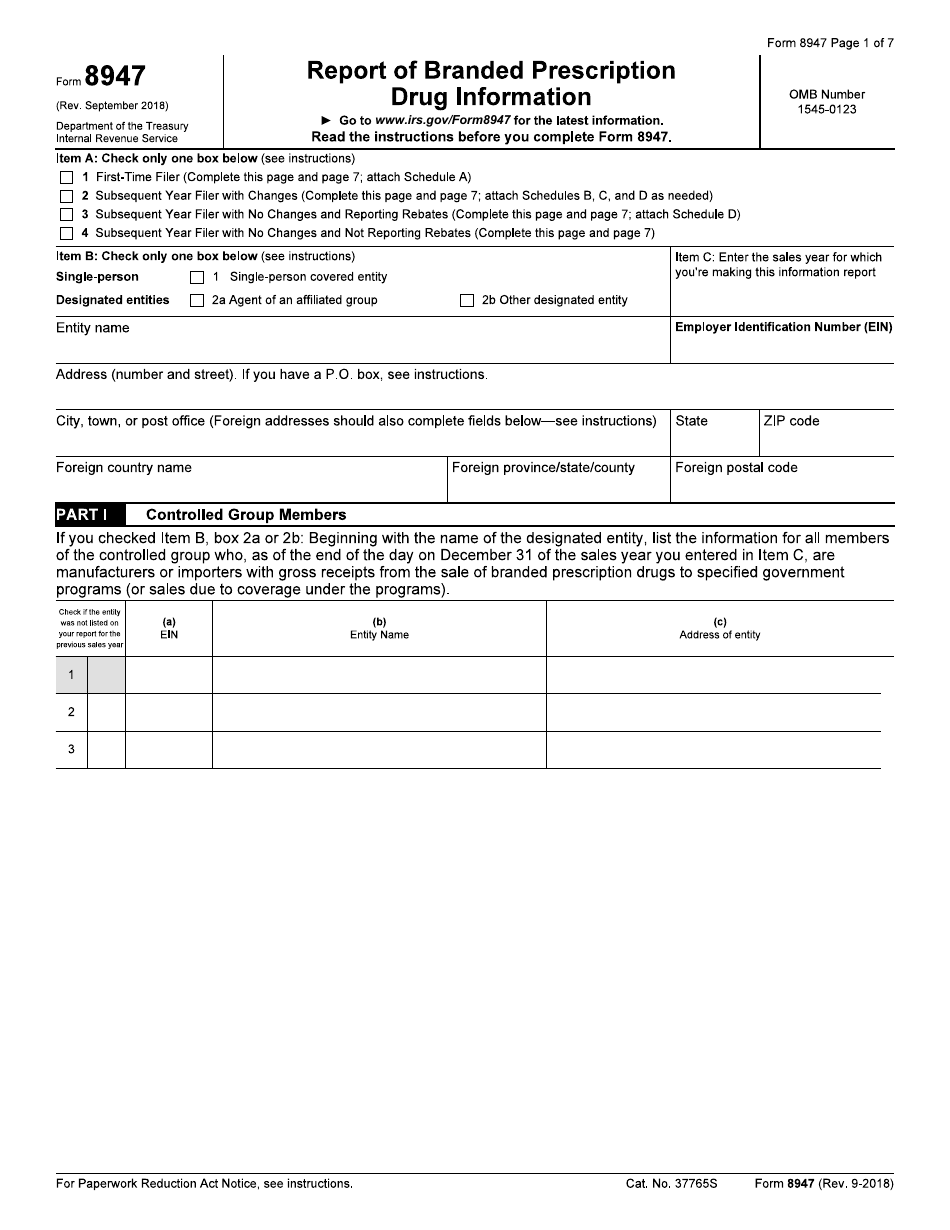 IRS Form 8947 Report of Branded Prescription Drug Information, Page 1