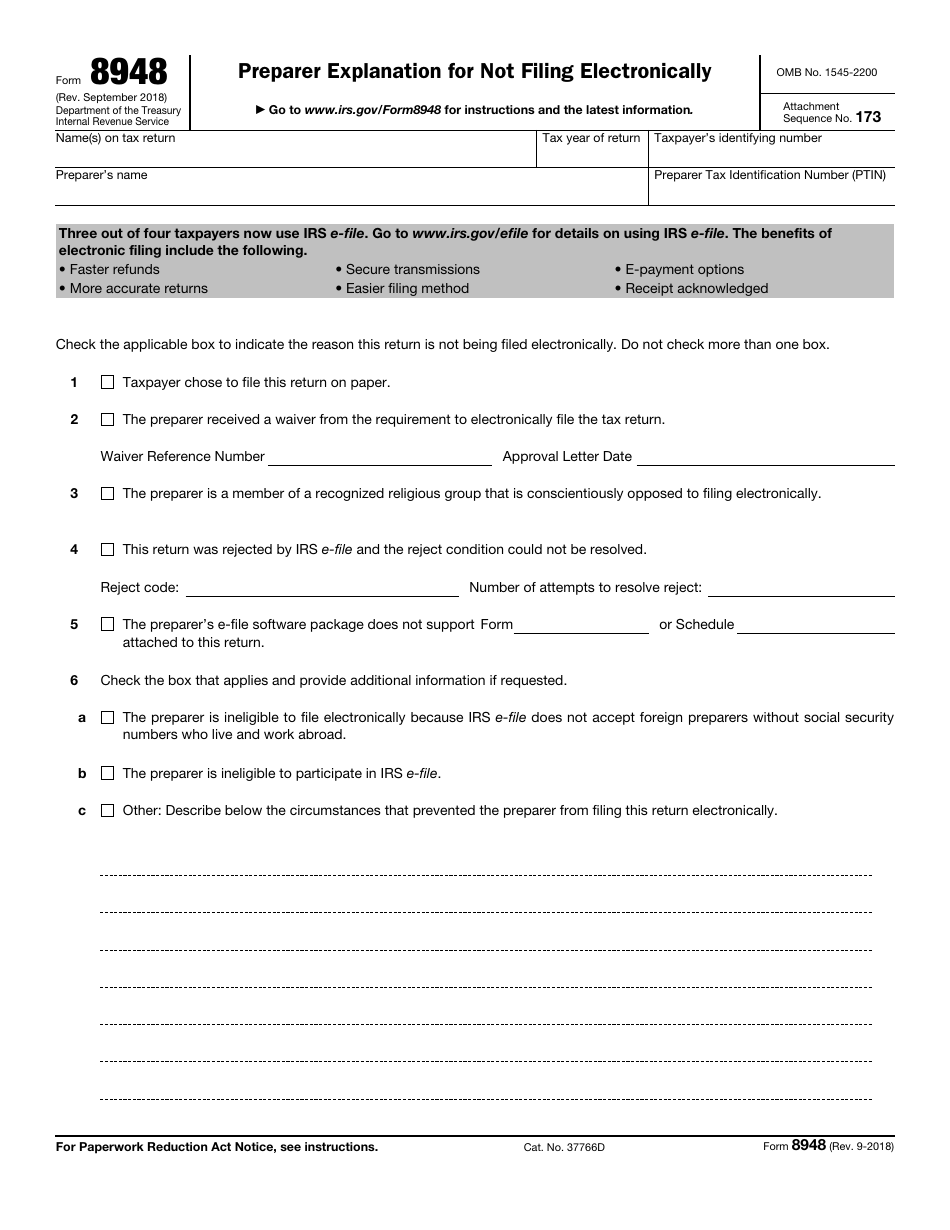 IRS Form 8948 Preparer Explanation for Not Filing Electronically, Page 1