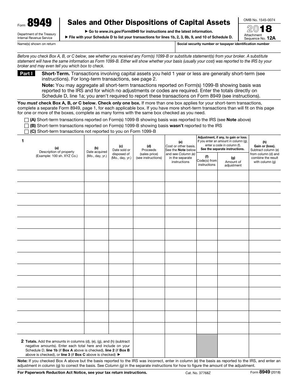 IRS Form 8949 Sales and Other Dispositions of Capital Assets, Page 1