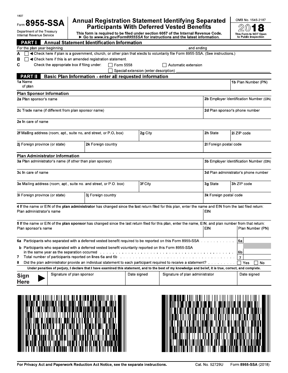 IRS Form 8955-SSA Annual Registration Statement Identifying Separated Participants With Deferred Vested Benefits, Page 1