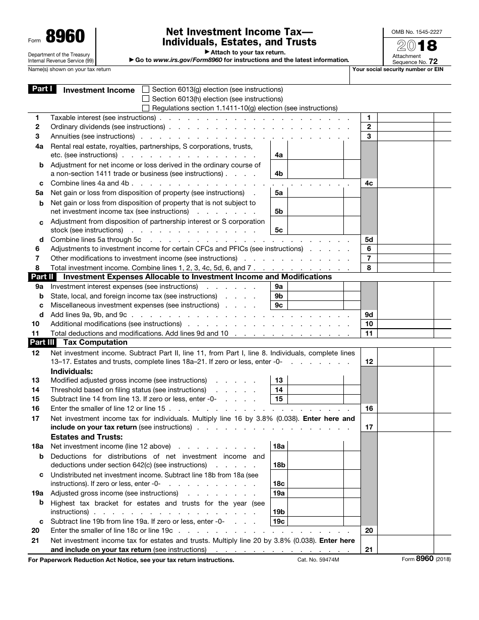 IRS Form 8960 Net Investment Income Tax - Individuals, Estates, and Trusts, Page 1