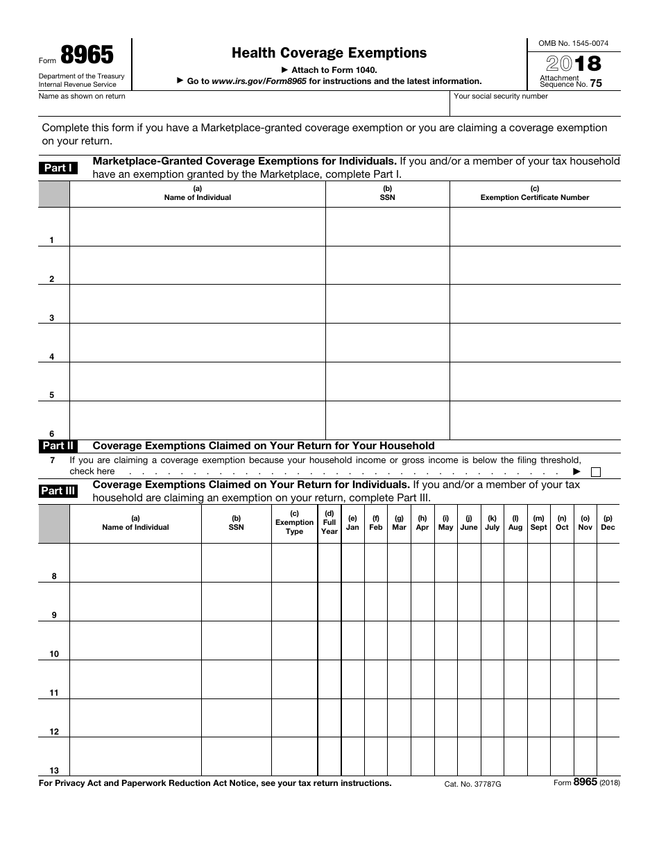 IRS Form 8965 Health Coverage Exemptions, Page 1