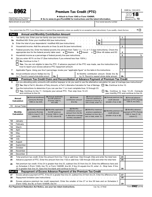 IRS Form 8962 2018 Printable Pdf