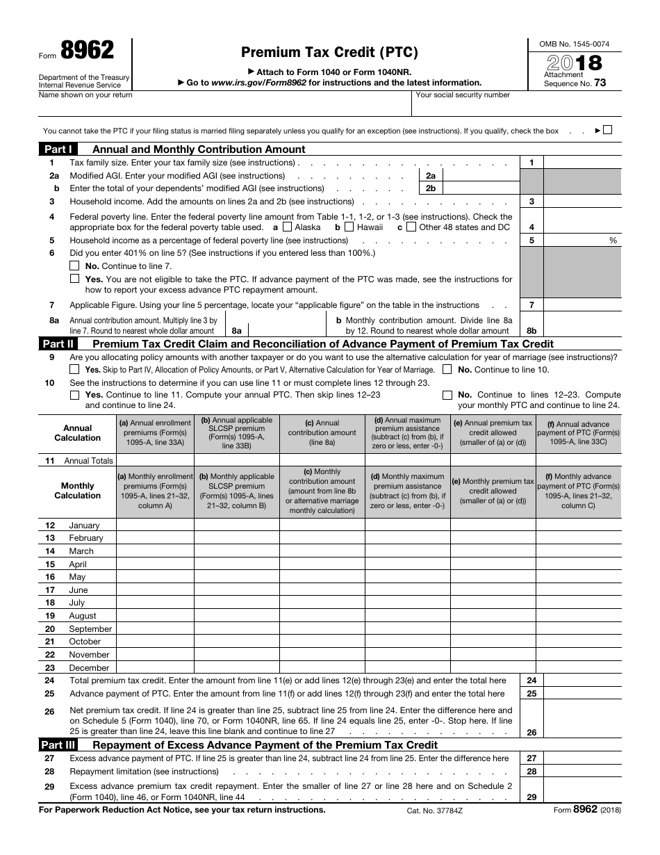 IRS Form 8962 2018 Fill Out, Sign Online and Download Fillable PDF