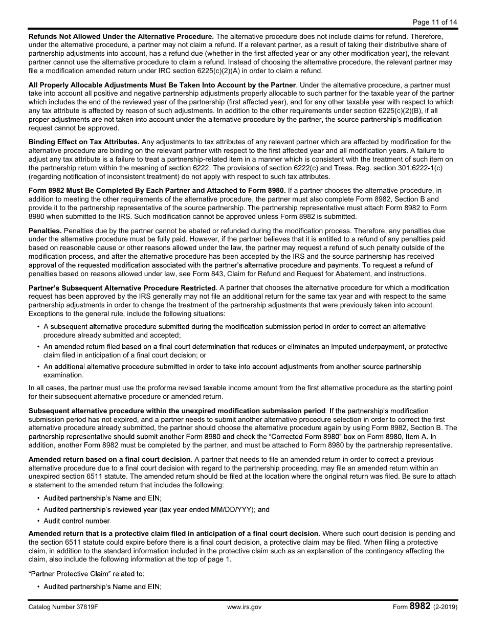 IRS Form 8982 Affidavit for Partner Modification Amended Return Under IRC Section 6225(C)(2)(A) or Partner Alternative Procedure Under IRC Section 6225(C)(2)(B), Page 11