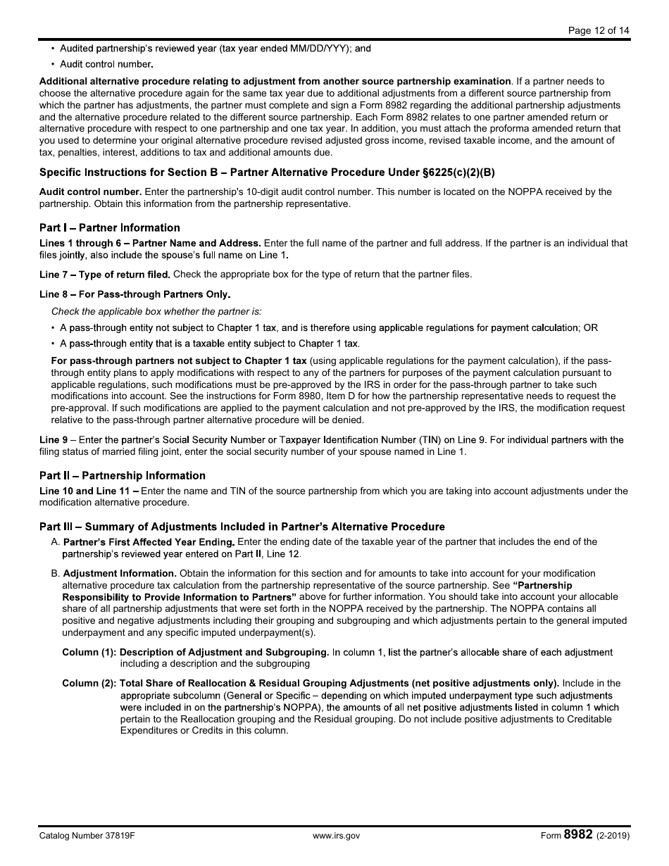 IRS Form 8982 Affidavit for Partner Modification Amended Return Under IRC Section 6225(C)(2)(A) or Partner Alternative Procedure Under IRC Section 6225(C)(2)(B), Page 12