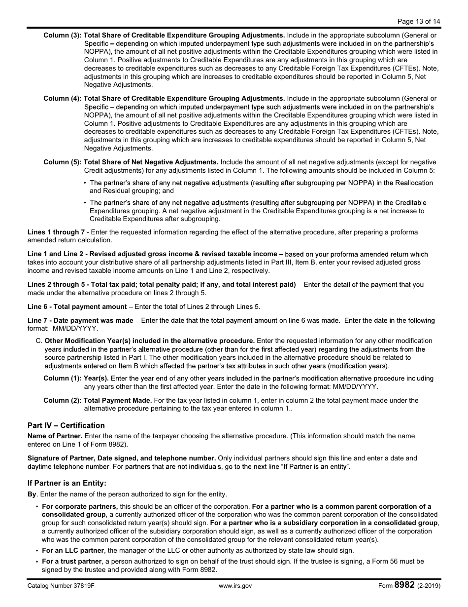 IRS Form 8982 Affidavit for Partner Modification Amended Return Under IRC Section 6225(C)(2)(A) or Partner Alternative Procedure Under IRC Section 6225(C)(2)(B), Page 13