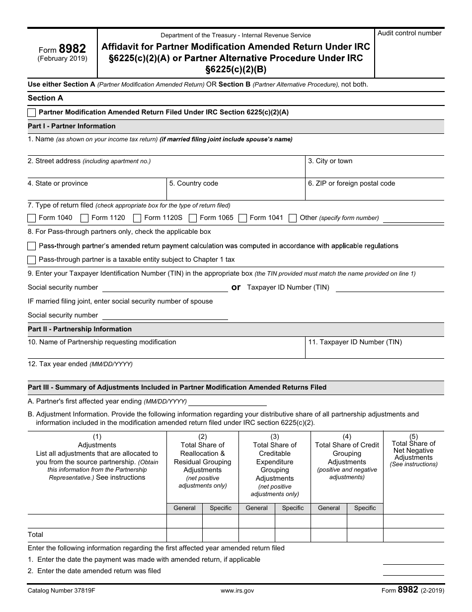 IRS Form 8982 Affidavit for Partner Modification Amended Return Under IRC Section 6225(C)(2)(A) or Partner Alternative Procedure Under IRC Section 6225(C)(2)(B), Page 1