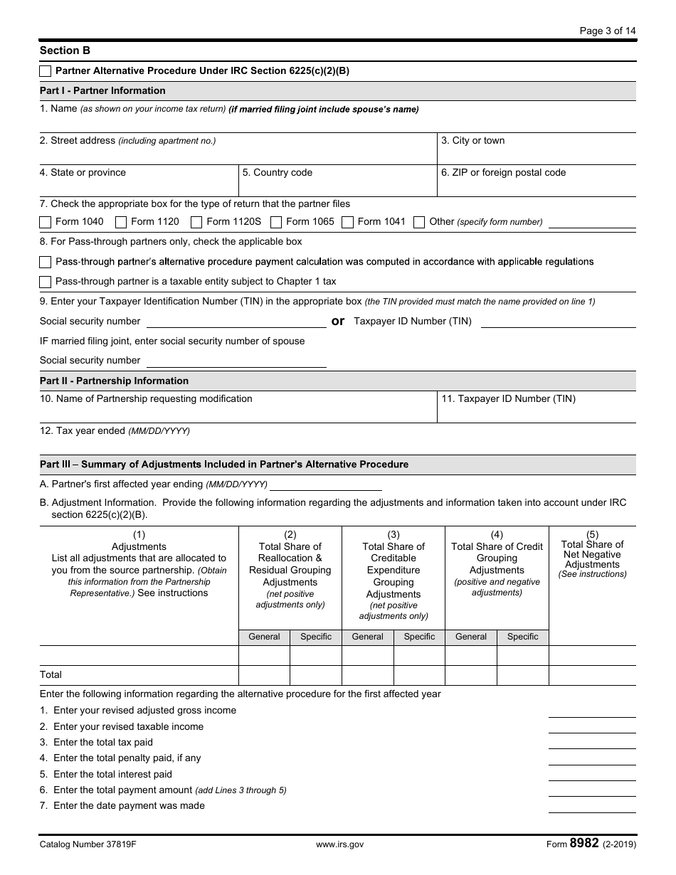 IRS Form 8982 Affidavit for Partner Modification Amended Return Under IRC Section 6225(C)(2)(A) or Partner Alternative Procedure Under IRC Section 6225(C)(2)(B), Page 3