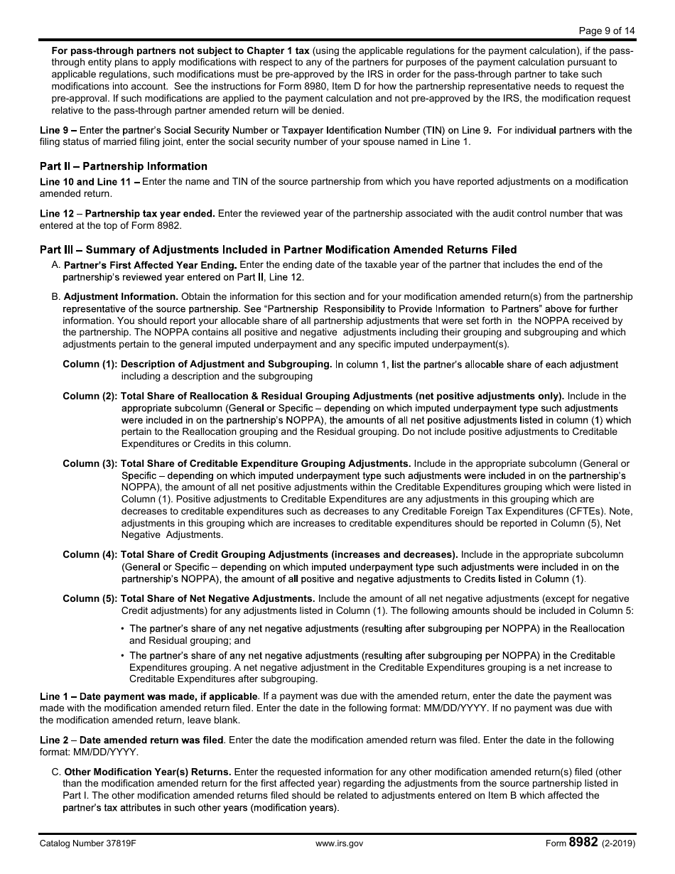 IRS Form 8982 Affidavit for Partner Modification Amended Return Under IRC Section 6225(C)(2)(A) or Partner Alternative Procedure Under IRC Section 6225(C)(2)(B), Page 9