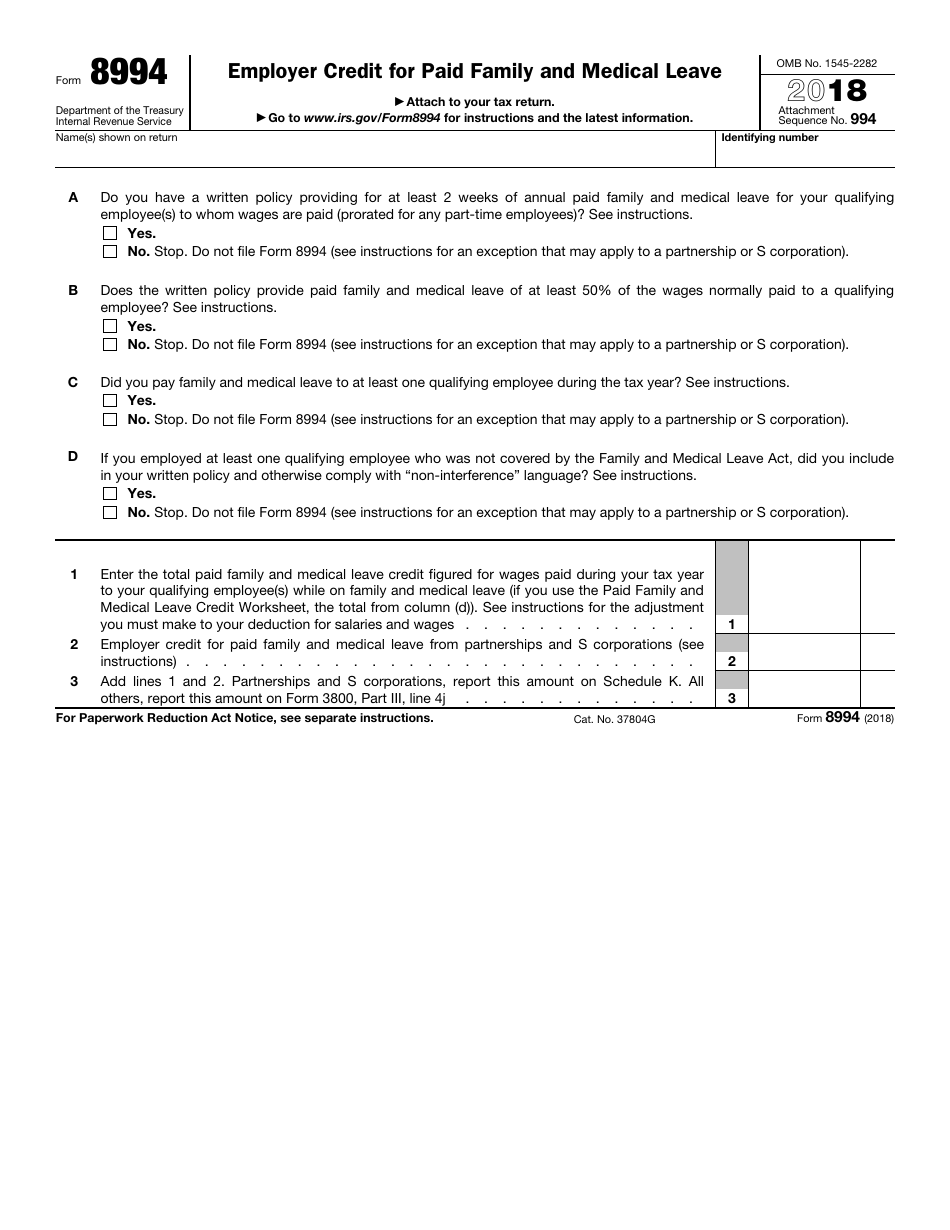 IRS Form 8994 Employer Credit for Paid Family and Medical Leave, Page 1
