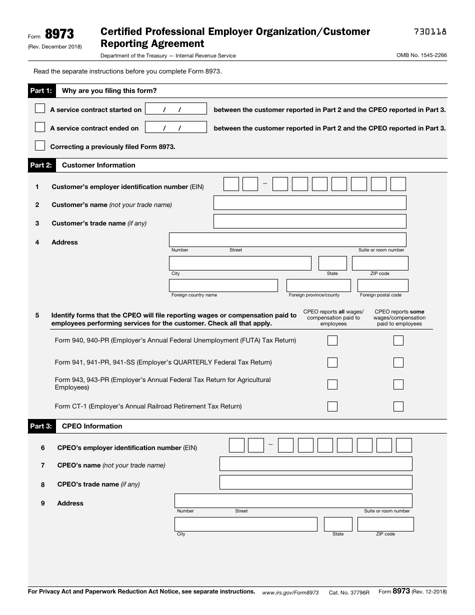 IRS Form 8973 Certified Professional Employer Organization/Customer Reporting Agreement, Page 1