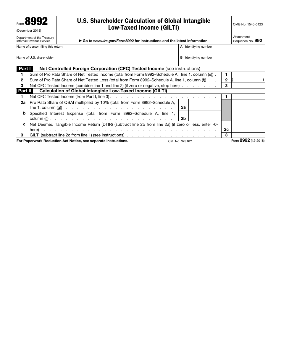 IRS Form 8992 U.S. Shareholder Calculation of Global Intangible Low-Taxed Income (Gilti), Page 1