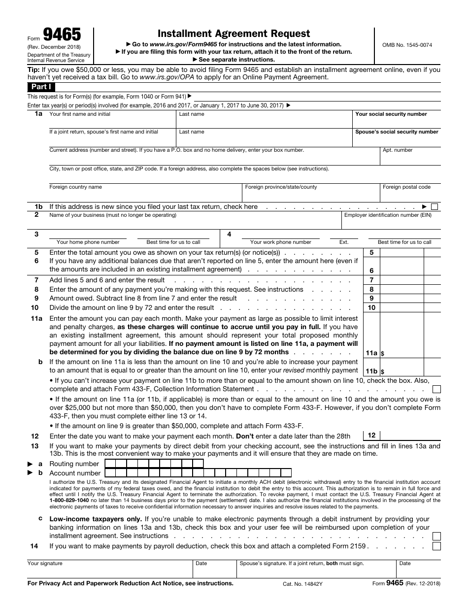 IRS Form 9465 Installment Agreement Request, Page 1