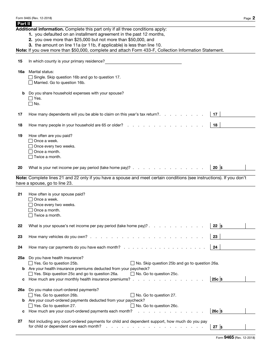 Irs Form 9465 Fillable Printable Forms Free Online