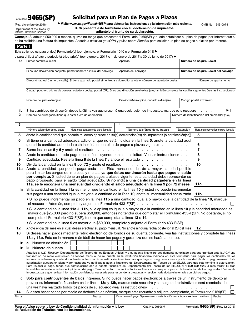 IRS Formulario 9465(SP) Solicitud Para Un Plan De Pagos a Plazos (Spanish), Page 1