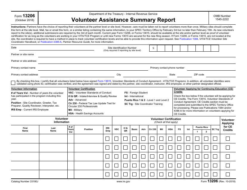 IRS Form 13206  Printable Pdf