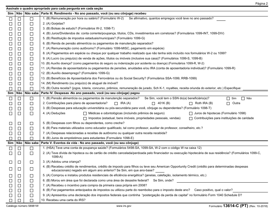 IRS Form 13614-C (PT) Intake / Interview  Quality Review Sheet (Portuguese), Page 2