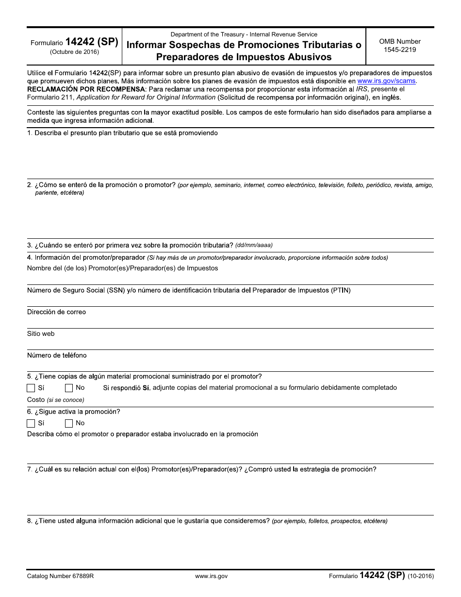 IRS Formulario 14242 (SP) Informar Sospechas De Promociones Tributarias O Preparadores De Impuestos Abusivos (Spanish), Page 1