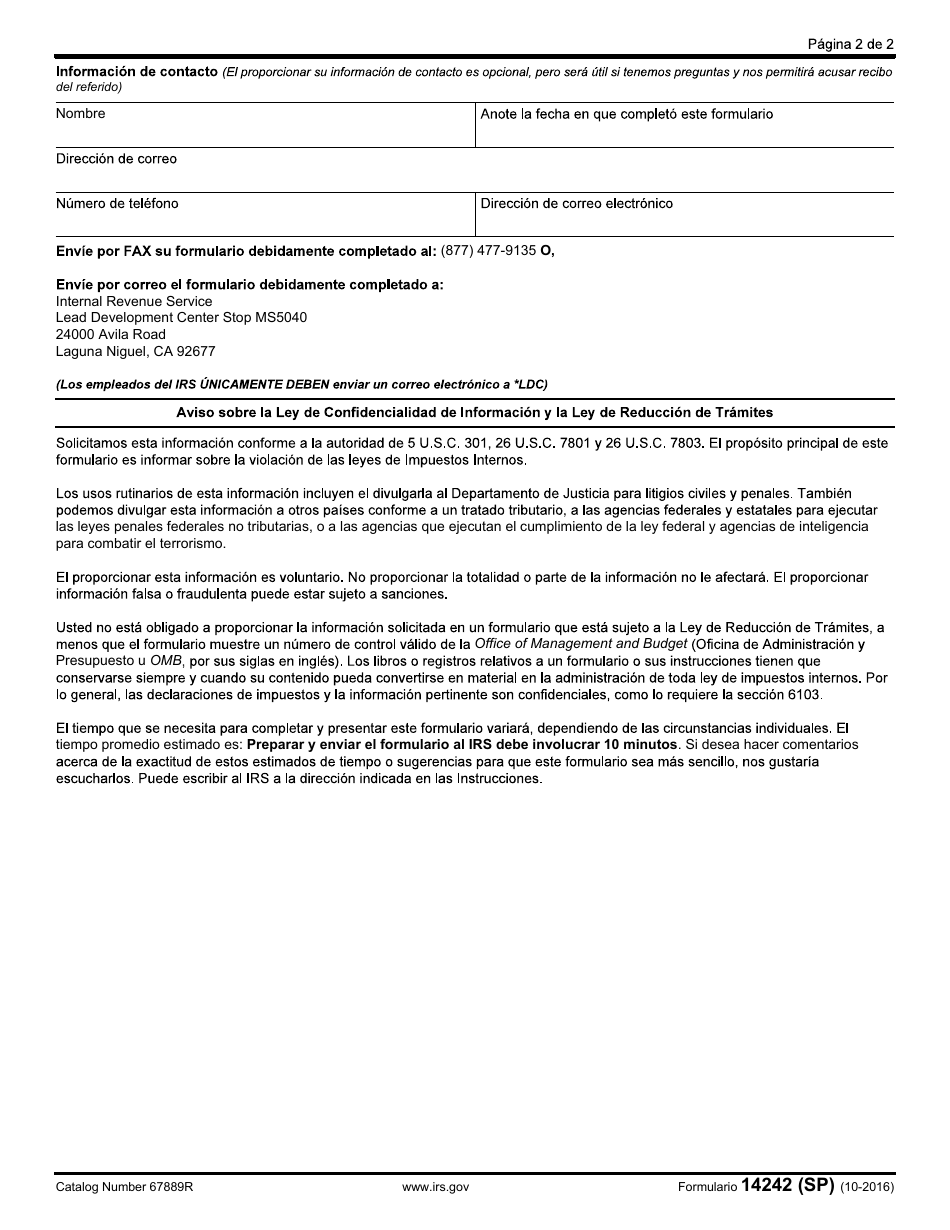IRS Formulario 14242 (SP) Informar Sospechas De Promociones Tributarias O Preparadores De Impuestos Abusivos (Spanish), Page 2