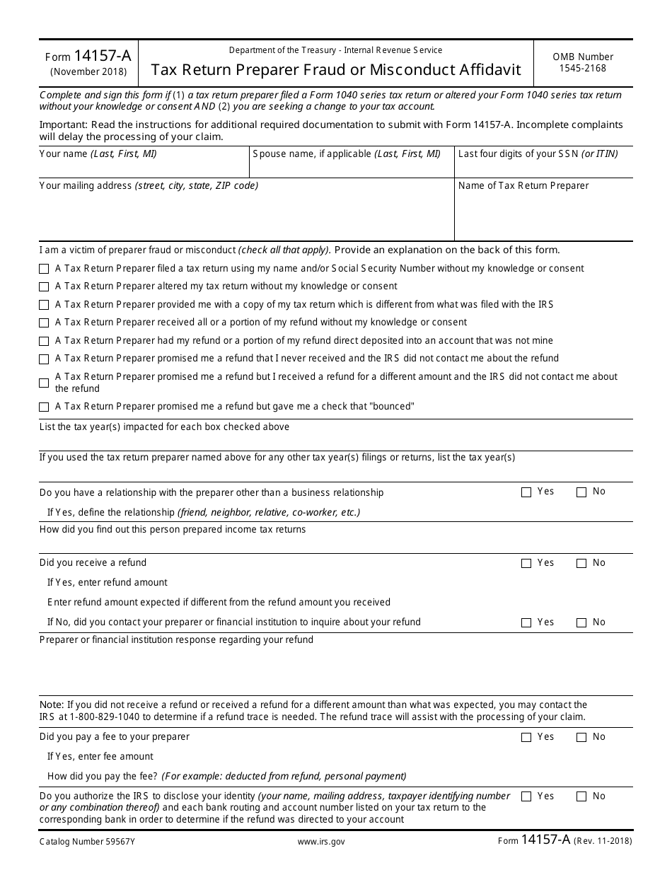 IRS Form 14157-A Tax Return Preparer Fraud or Misconduct Affidavit, Page 1