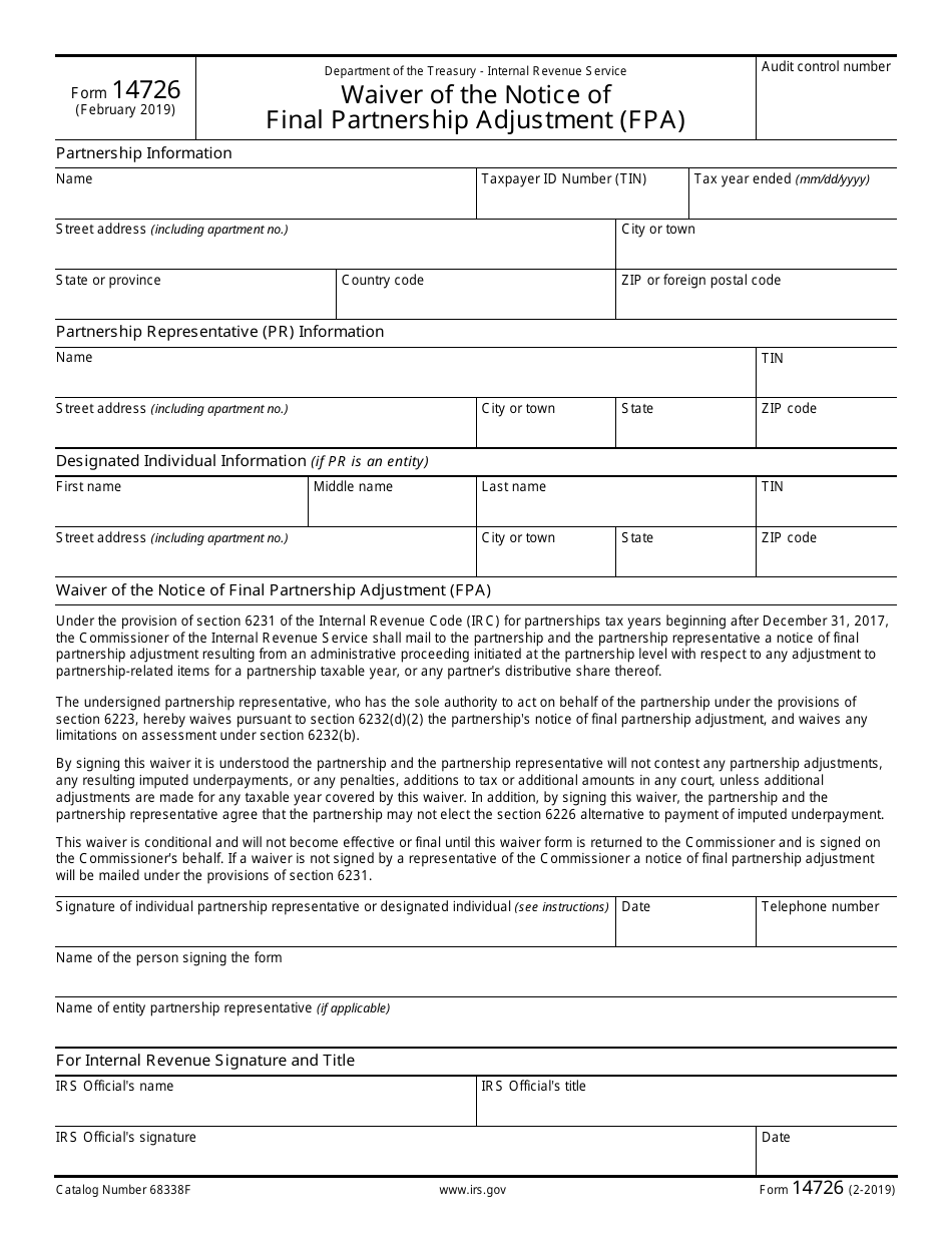 IRS Form 14726 Waiver of the Notice of Final Partnership Adjustment (Fpa), Page 1