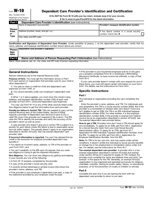IRS Form W-10  Printable Pdf